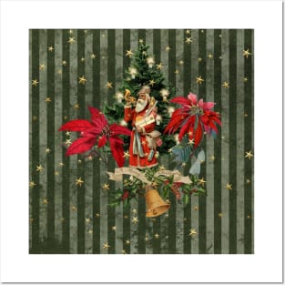 Merry christmas, Santa Claus with gifts and christmas flowers Posters and Art